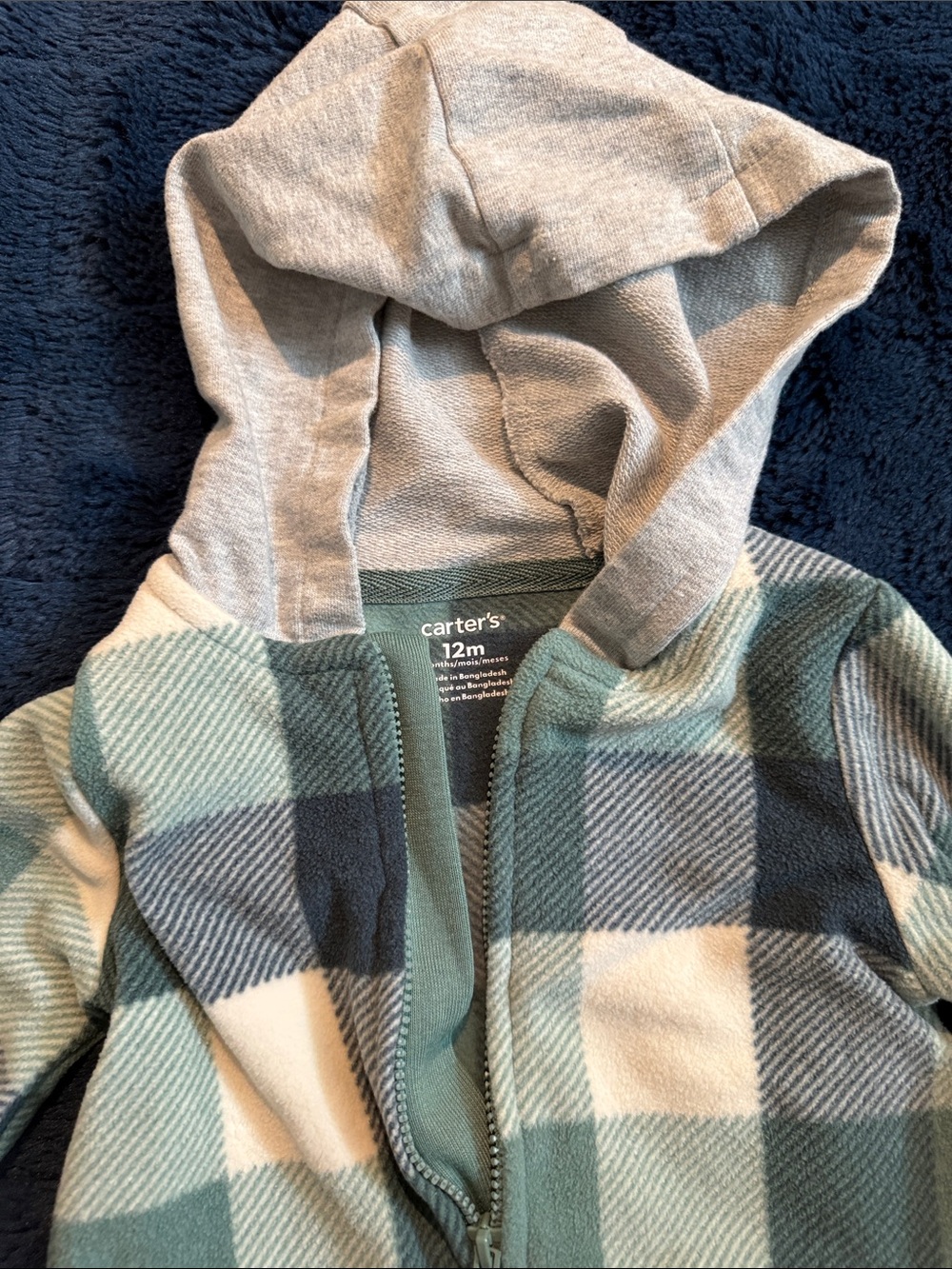 Carter's Hooded Plaid Fleece Jacket - Green/Gray/White